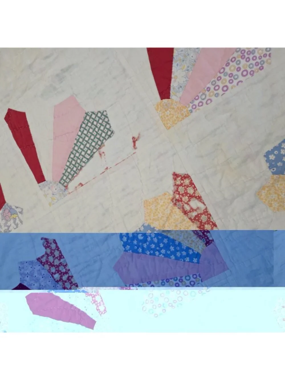 Vintage Handmade Handstitched Fan Quilt Blue Red 84 x 67 Farm Fabric